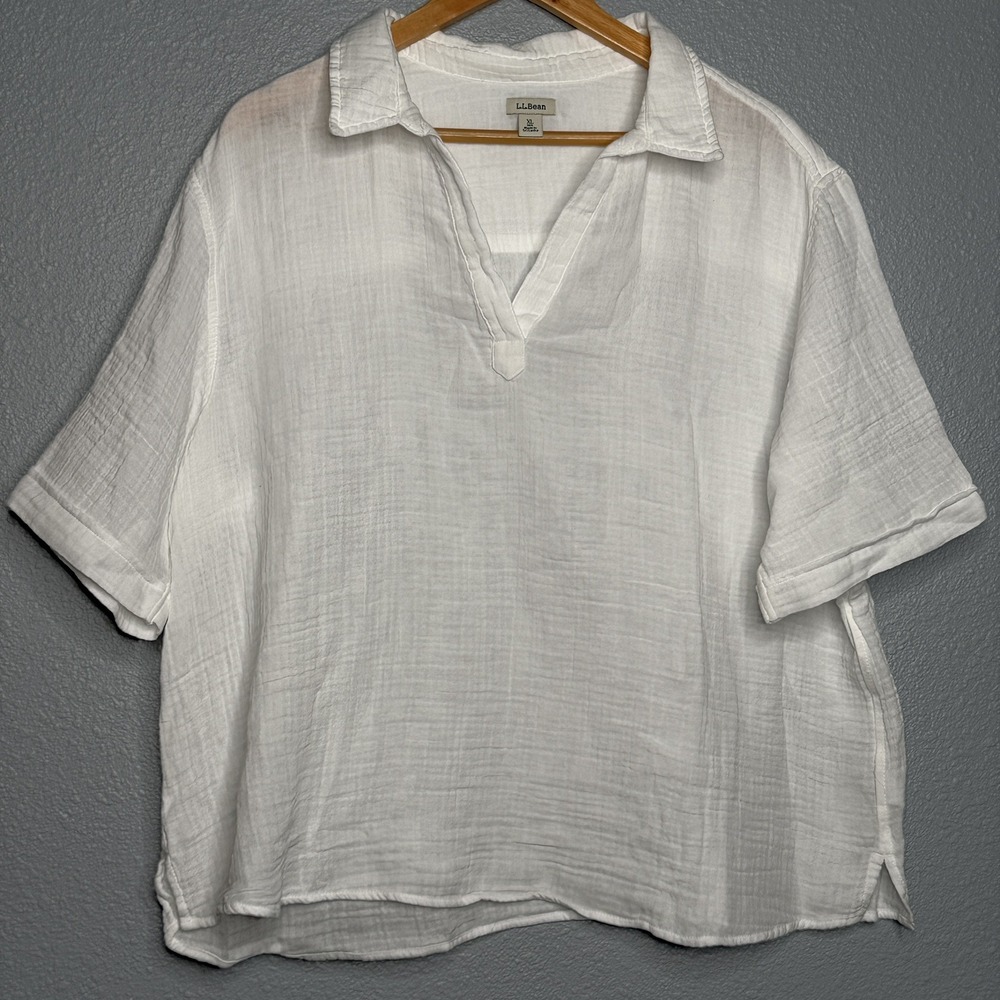 L.L.Bean Cloud Gauze Shirt Womens XL White Cotton Split Neck Coastal Beach Top